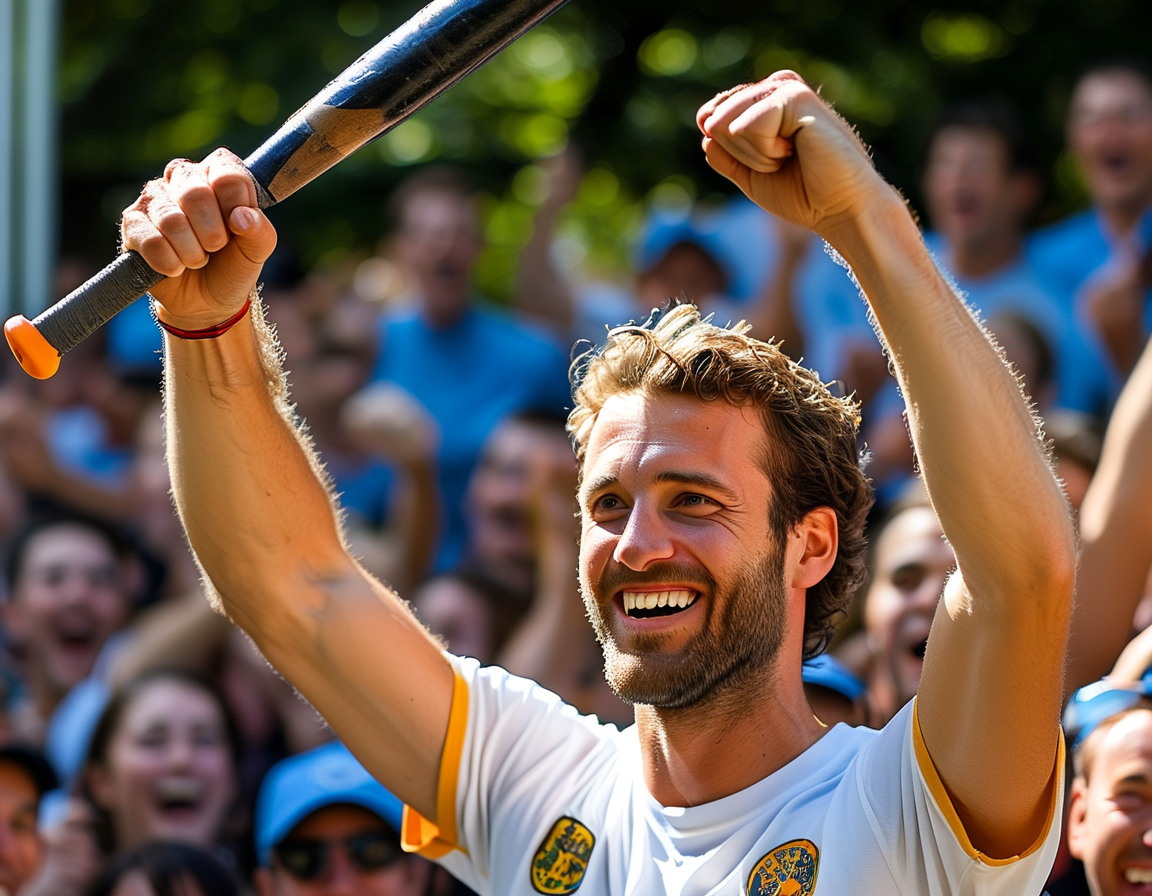 Kane Williamson celebrating after scoring 156 runs, with a sunny backdrop of Seddon Park filled with cheering fans. His bat raised high, symbolizing his achievement.