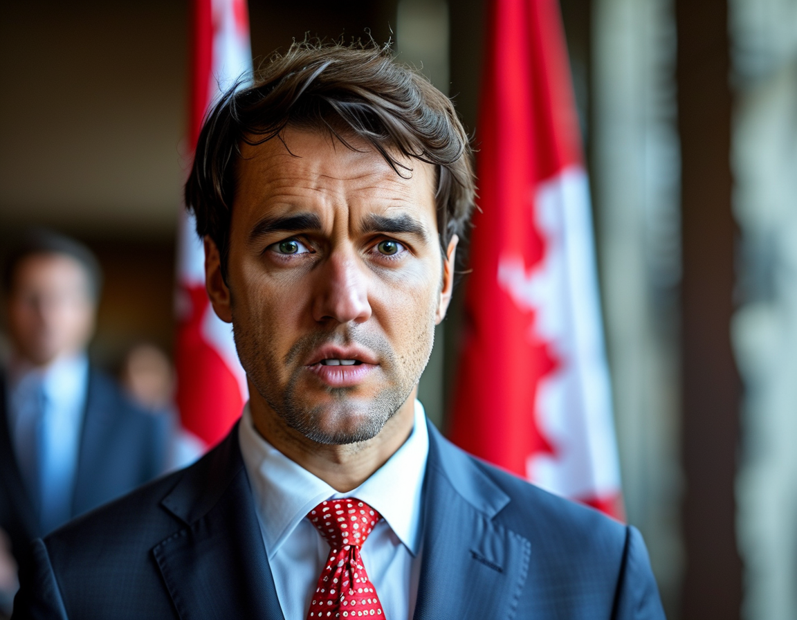 An image depicting Prime Minister Justin Trudeau appearing concerned during a press conference, indicating the political turmoil in Canada after Freeland's resignation.