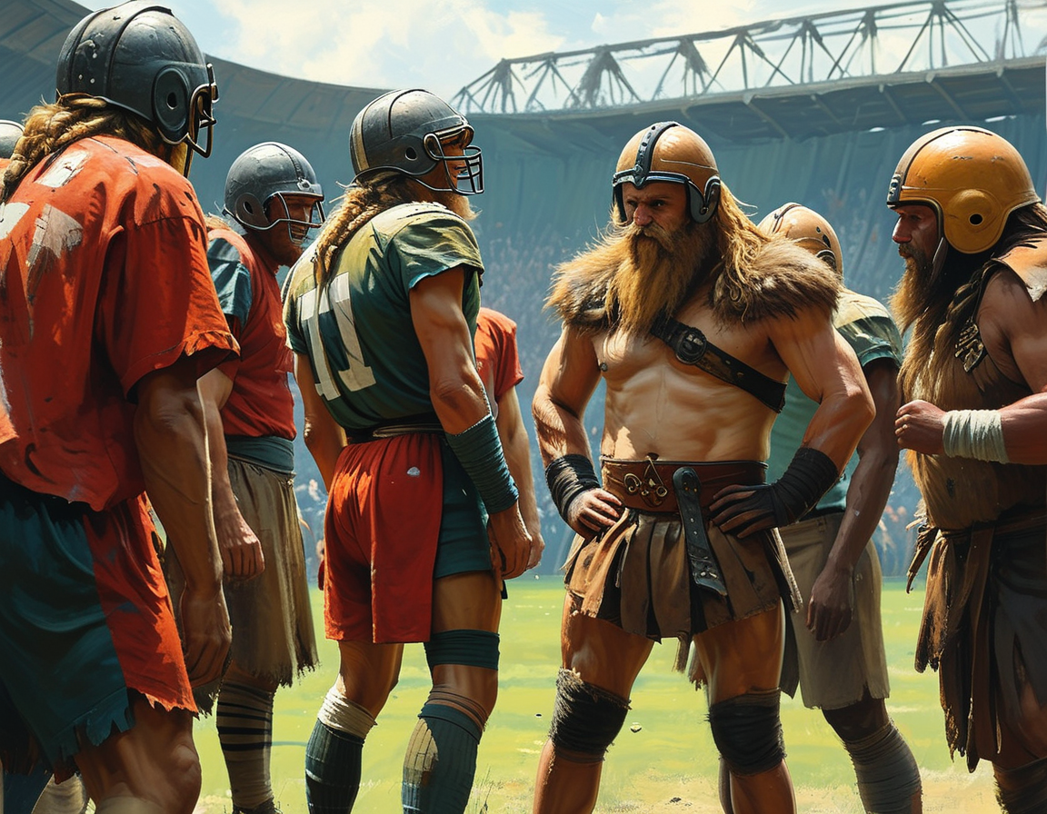 An intense football scene on the field showing the Vikings and Bears players warming up before the game, highlighting injury implications and team strategy adjustments.