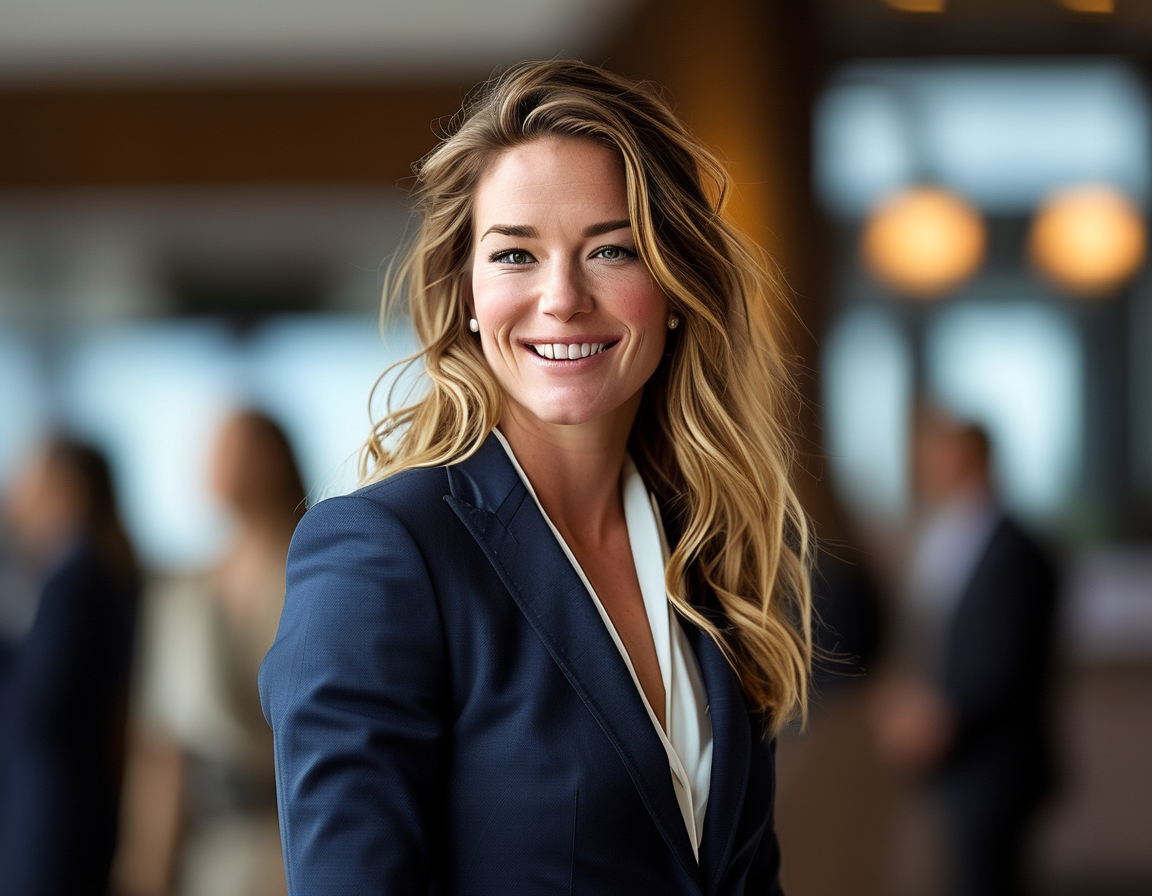 An image of Kate Hudson smiling confidently during a business event, showcasing her dual role as an actress and entrepreneur.