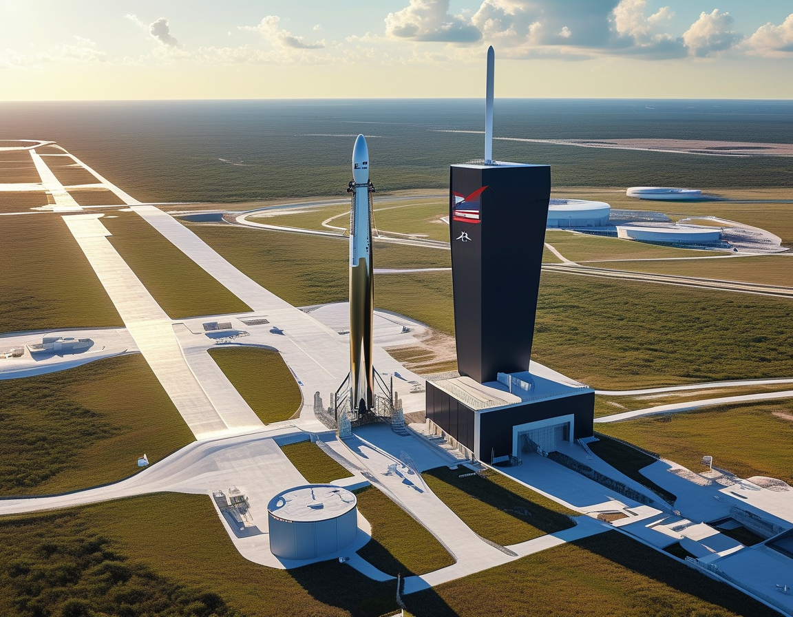 An aerial view of SpaceX's Starbase in Boca Chica, Texas, showcasing rocket launch pads and surrounding landscapes, representing its potential transformation into a city for space pioneers.