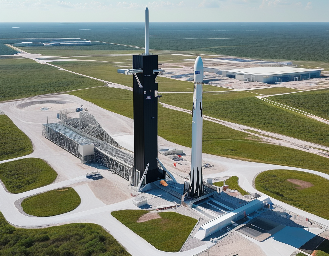 Elon Musk speaking at a SpaceX event, emphasizing the vision of turning Starbase into a city, with an image of rockets in the background reflecting ambition and innovation.