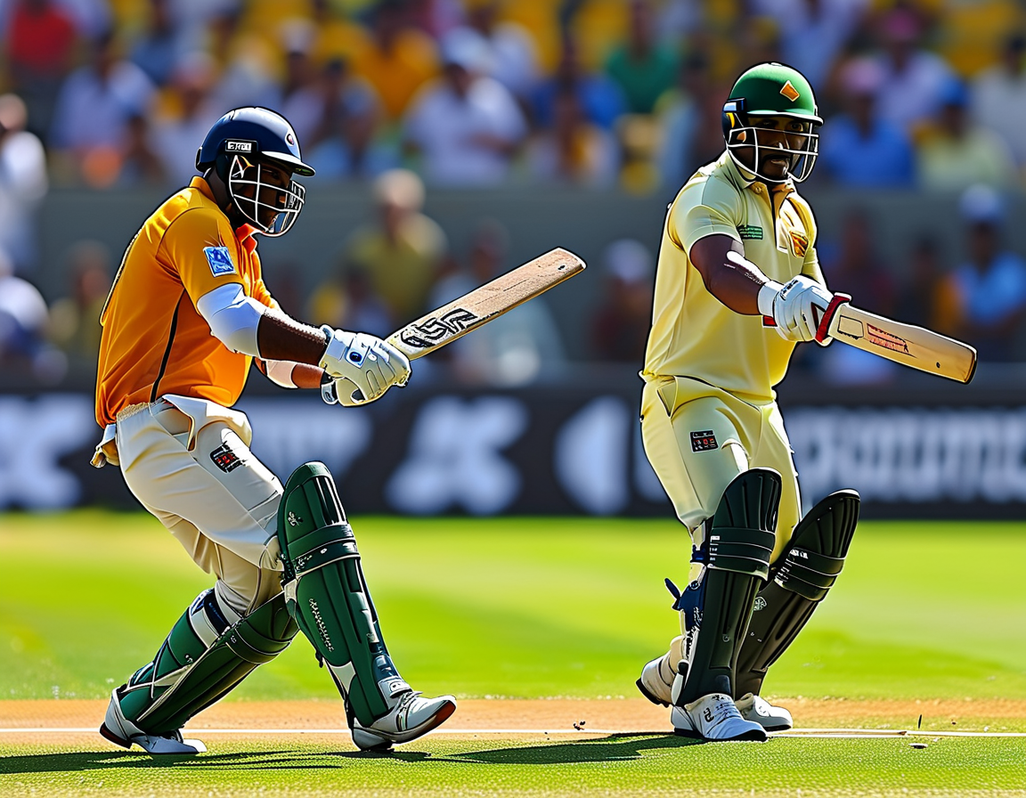 An action-packed cricket scene at the Gaba, showing KL Rahul and Ravindra Jadeja batting, with the Australian bowlers poised for a delivery in a tense Test match atmosphere.