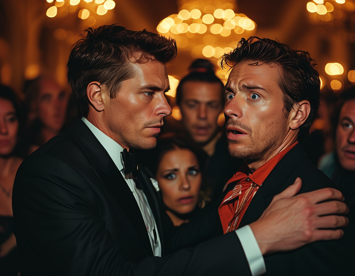 A close-up of worried guests whispering among themselves, glancing towards the stage where Alex Bruesewitz has collapsed, capturing the tense atmosphere.