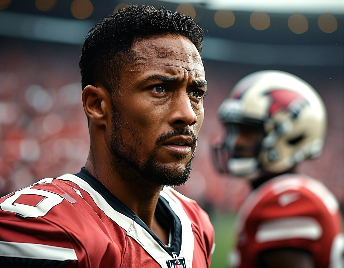 Desmond Ridder in action during a game, showcasing determination as he prepares to lead the Falcons against the Raiders. The atmosphere is tense, highlighting the importance of this matchup for both quarterbacks.