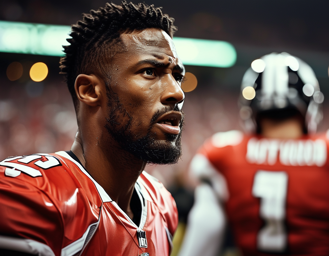 A dramatic moment on the field, capturing both the Raiders and Falcons players as they gear up for the game, emphasizing the stakes of redemption and the impact of injuries on the season's narrative.