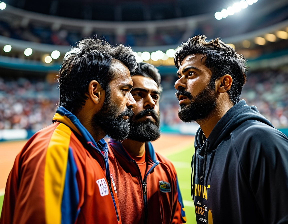 An intense moment on the cricket field with Virat Kohli strategizing with Ravindra Jadeja and Rishabh Pant, capturing the essence of tactical discussions in cricket.