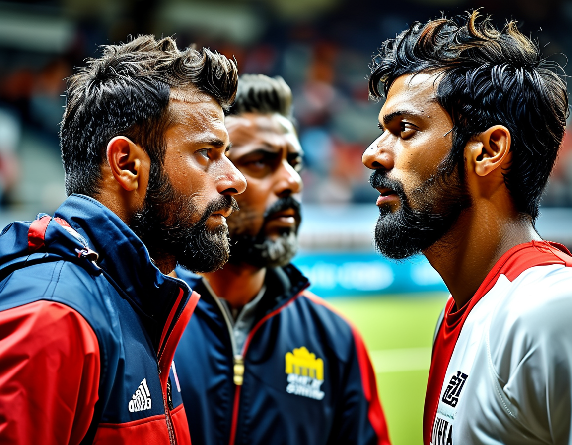 A dynamic image of Travis Head batting confidently, surrounded by Indian bowlers, showcasing the high-stakes tension during the Test match at the Gabba.