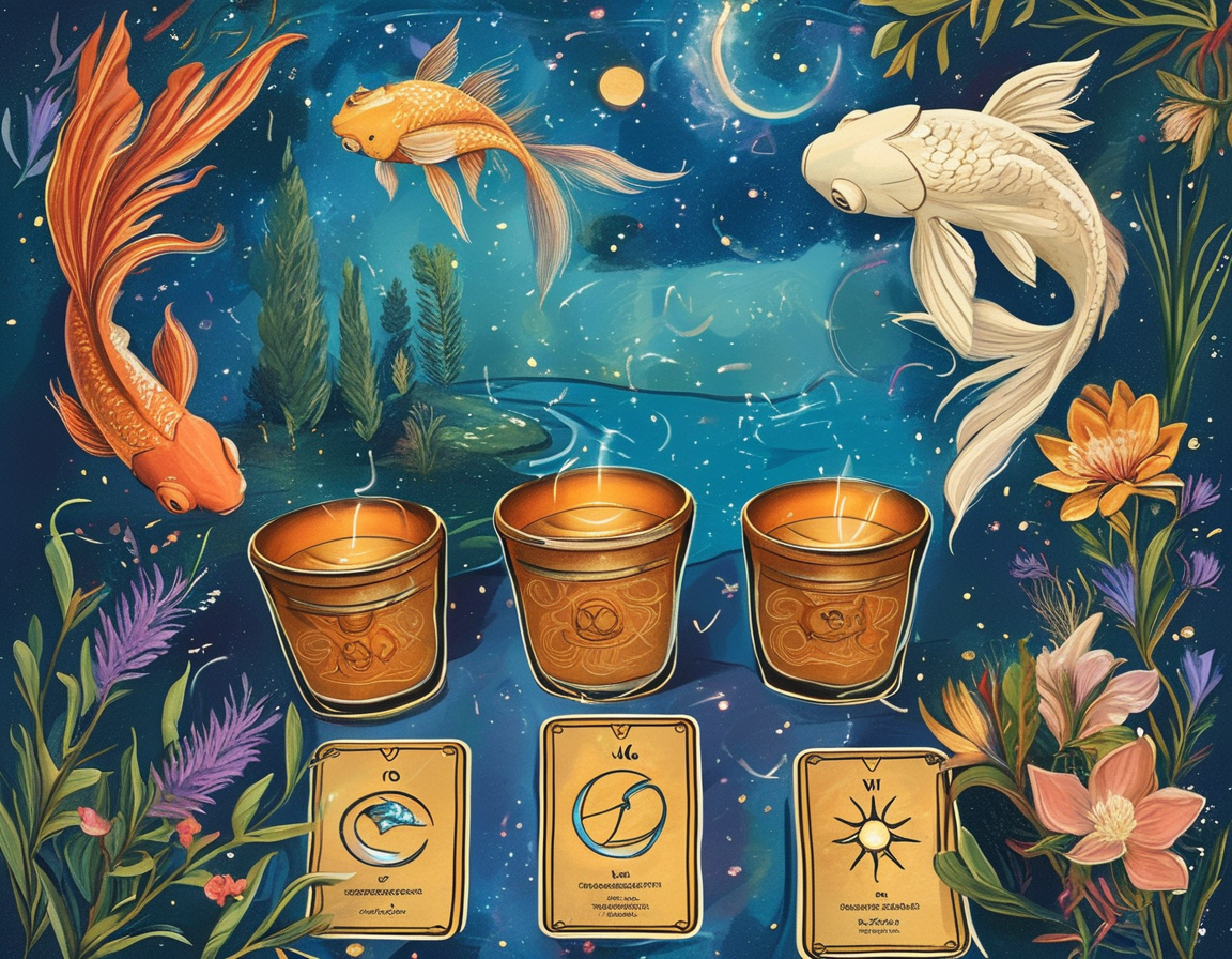 A colorful tarot card reading setup featuring the Three of Cups, symbolizing friendships and joyful gatherings, alongside a scenic background of Pisces constellations.