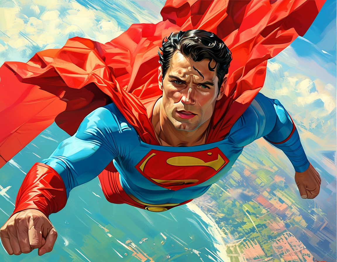 David Corenswet in a dynamic pose as Superman, depicted soaring through the sky, wearing the iconic red and blue suit, surrounded by a vibrant, nostalgic background reflecting the superhero's legacy.