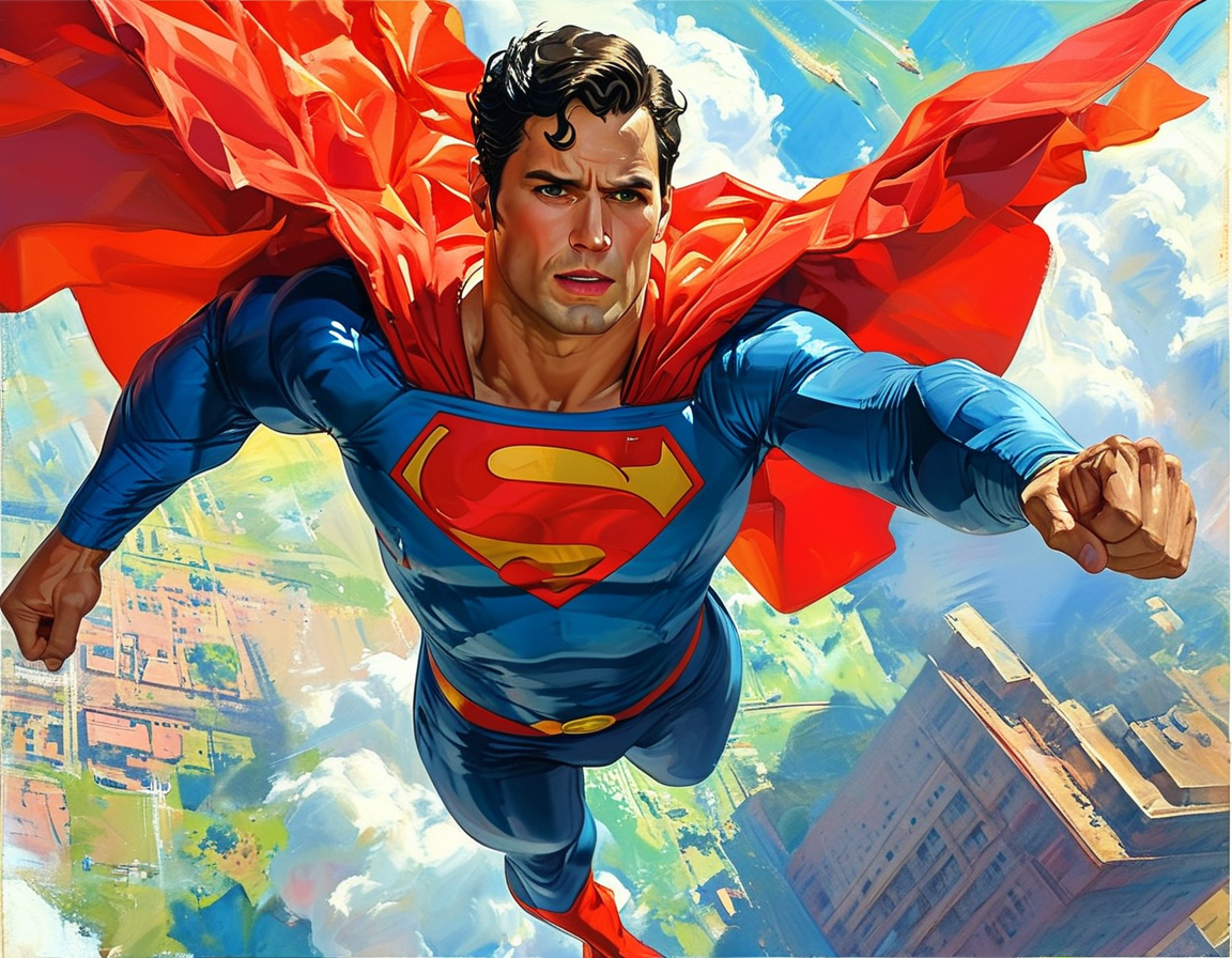 A close-up of the classic Superman logo, creatively inverted to symbolize a fresh take on the character, set against a dramatic backdrop of clouds and bright colors.