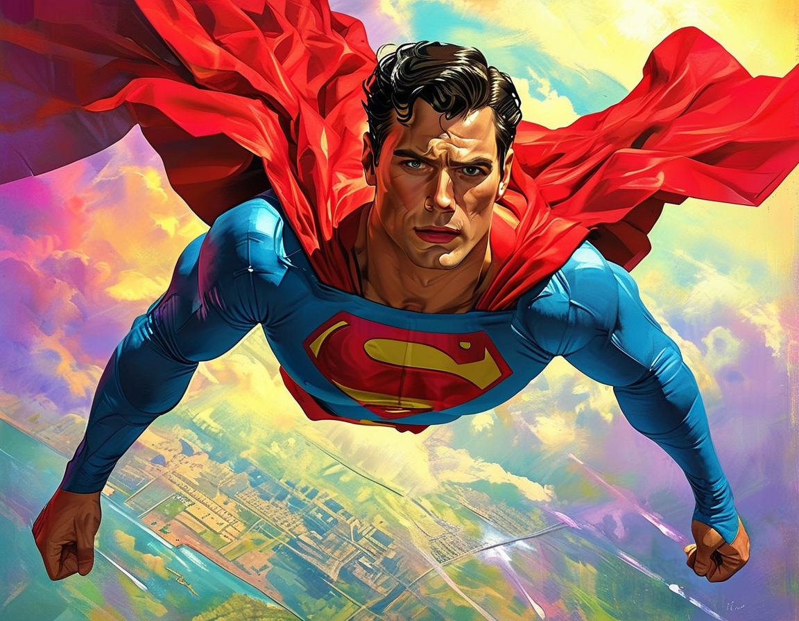 An artistic representation of a cinematic scene featuring Superman soaring above a city at sunset, embodying hope and inspiration, with a soft glow illuminating his heroic figure.