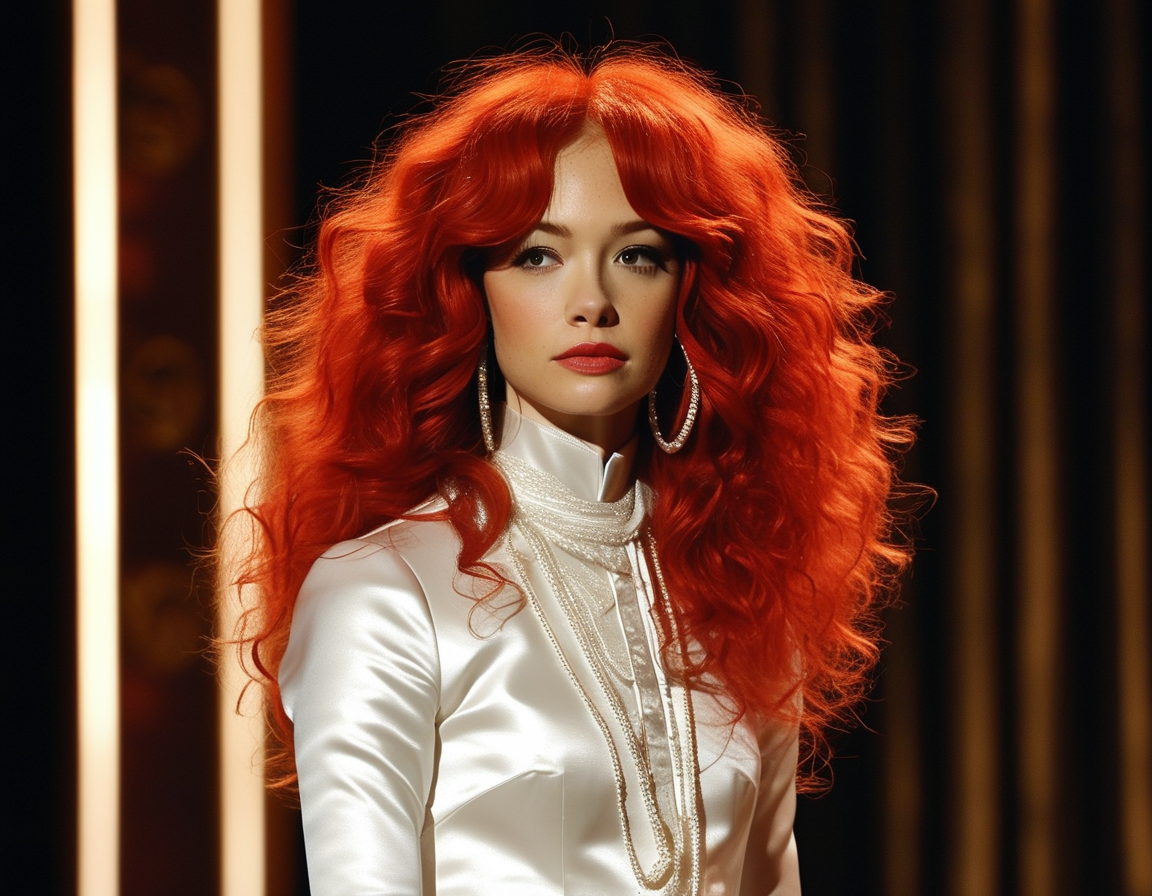 Chappell Roan stands confidently in a sparkling white gown on the SNL stage, with bold red curls framing her face, reflecting her vibrant personality and artistic spirit.