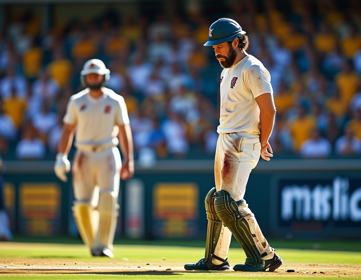 Josh Hazlewood consulting with team captain Pat Cummins and a physio on the field after struggling with calf soreness during a critical Test match.