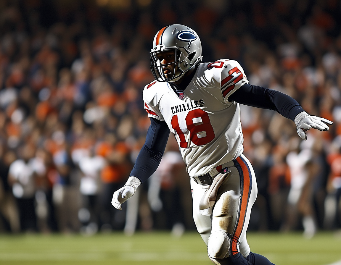 Caleb Williams in action during a game for the Chicago Bears, showcasing his agility and focus as he prepares to throw a pass under pressure from defenders.