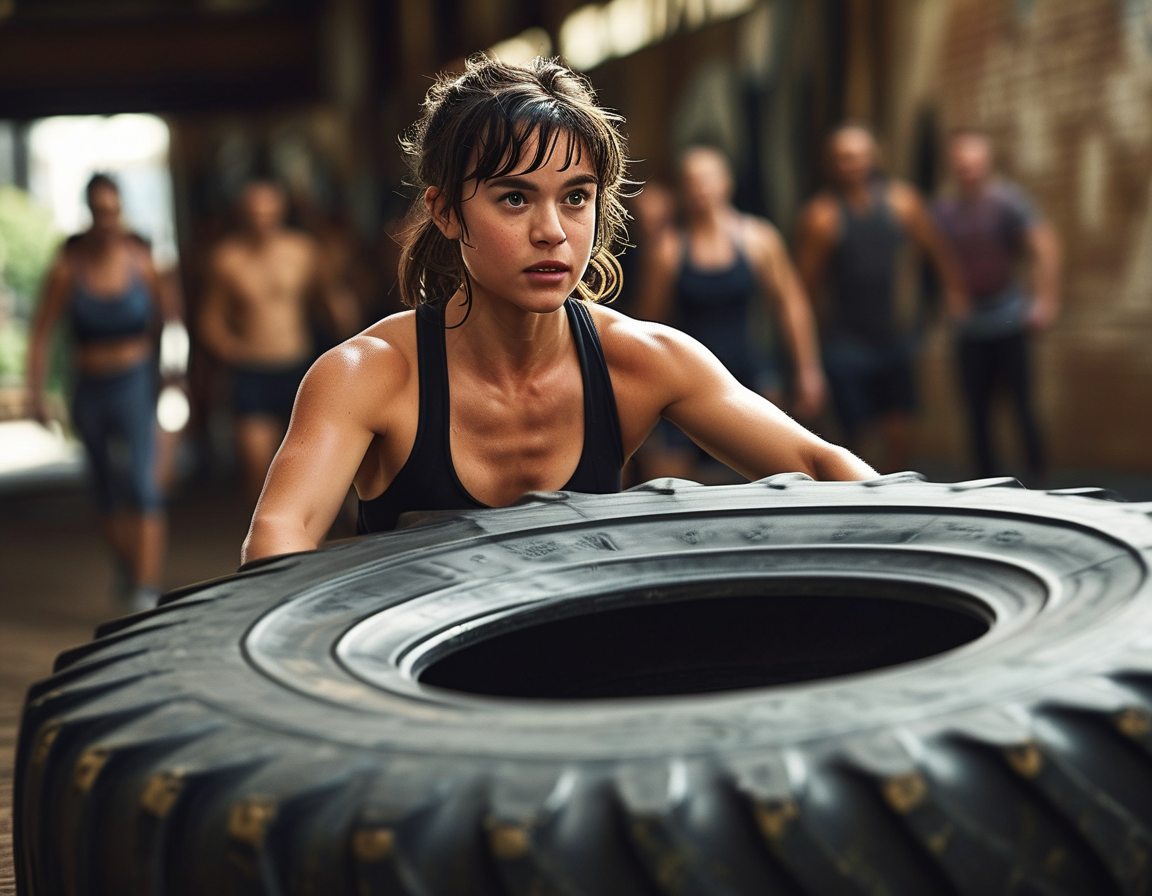 A candid moment of Sydney Sweeney training hard, demonstrating commitment and focus while preparing for her role as a boxing icon, defying societal beauty standards.