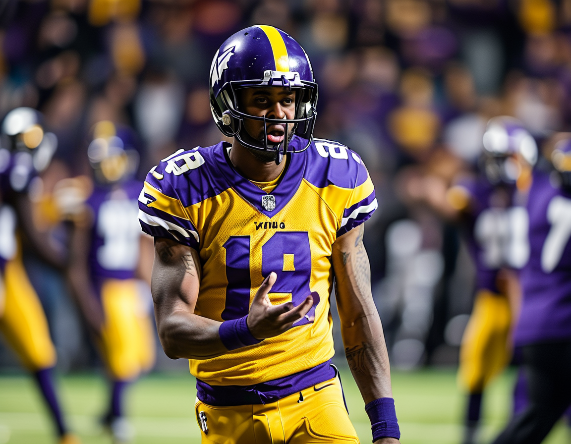 Justin Jefferson dazzling on the field in a Minnesota Vikings uniform, showcasing his skills as he evades defenders while catching a pass during a game.