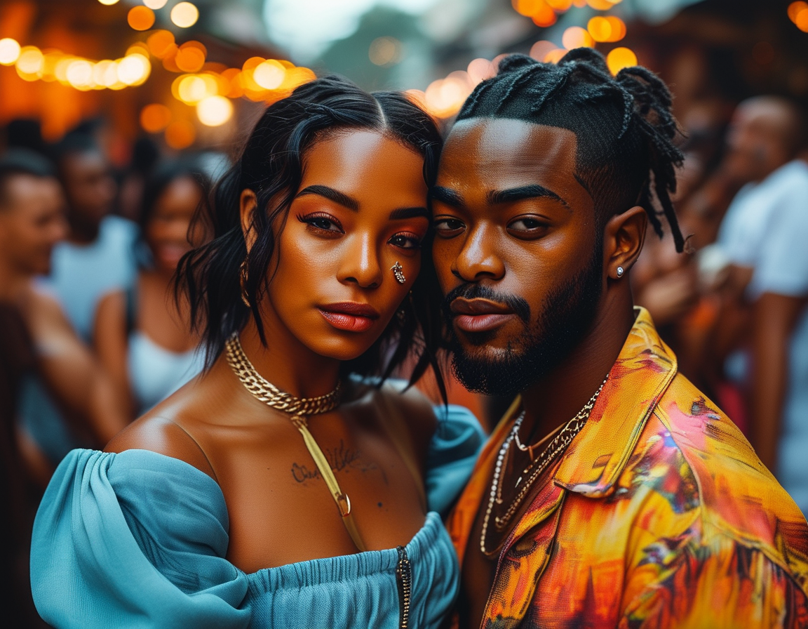 A vibrant scene of Chlöe Bailey and Burna Boy enjoying each other’s company in a trendy Lagos hotspot, surrounded by lively ambiance and fans, capturing their playful and affectionate energy.