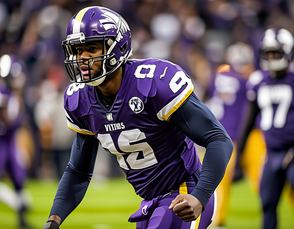 The tension-filled moment of the Vikings and Bears players on the field, highlighting the competitive spirit of the NFC North rivalry with Jefferson in action.