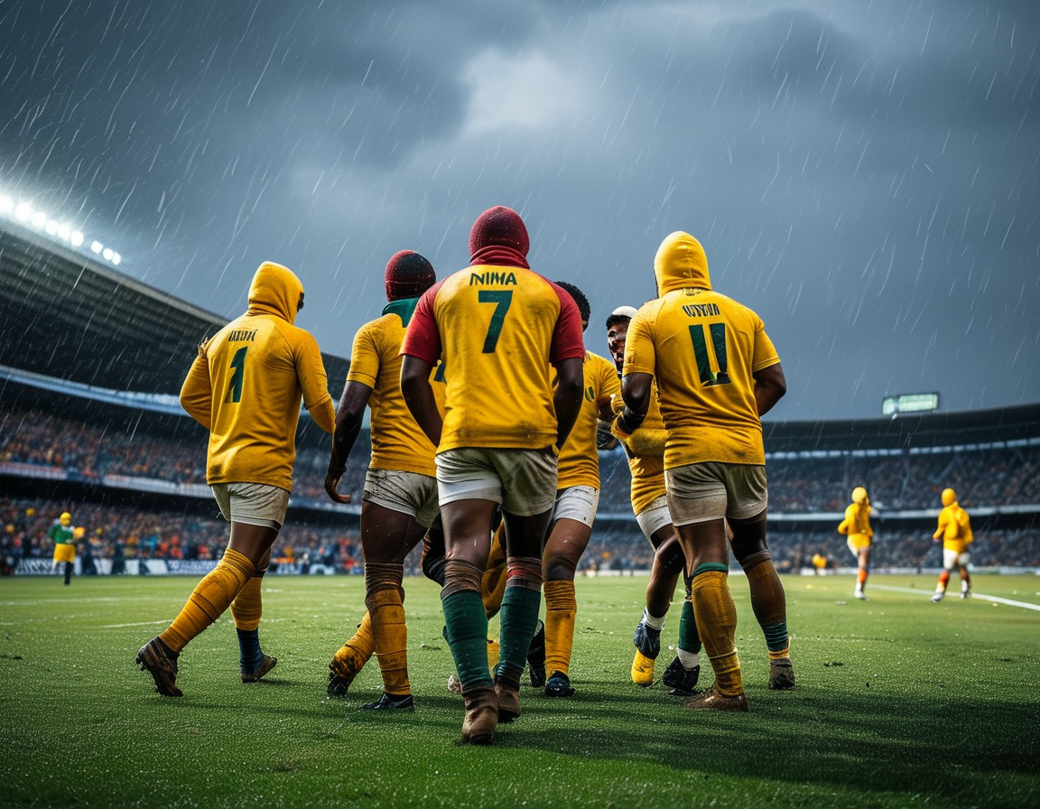 A tense moment captured during the England vs. South Africa Test match, showing players engaged in a heated battle on the field under stormy skies, highlighting the intensity of the game.