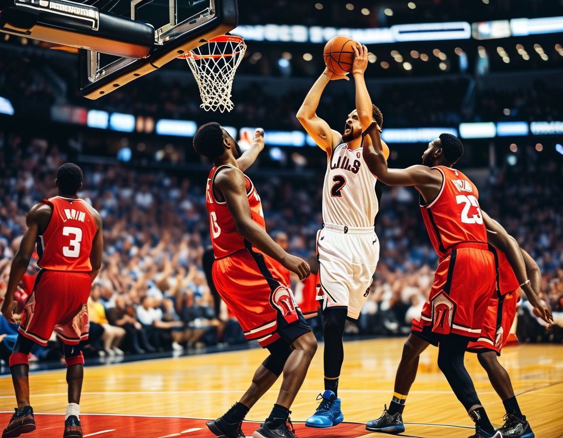 A gripping moment from the Raptors vs. Bulls game, showcasing players battling for possession with the crowd roaring in the background, capturing the excitement of live NBA action.