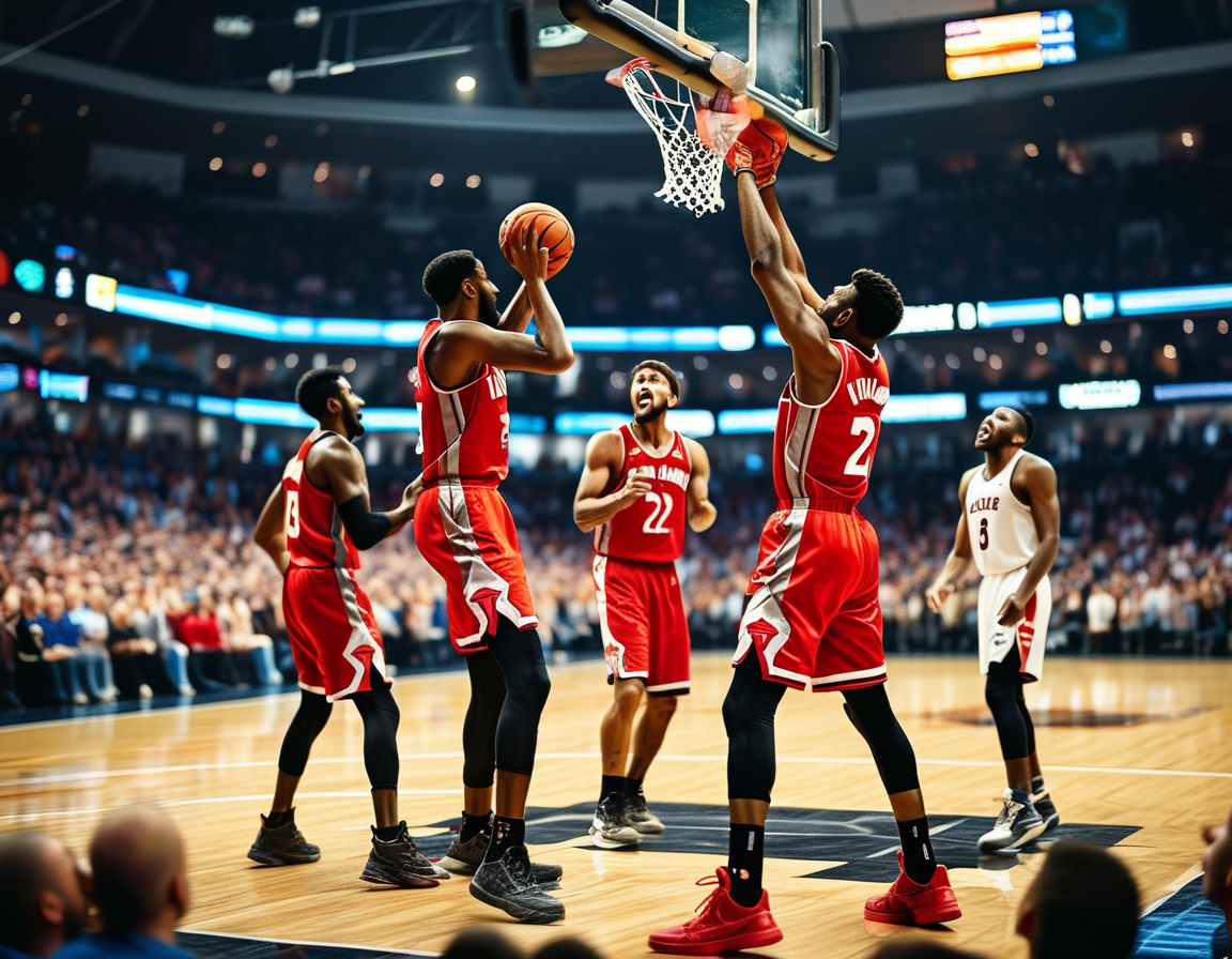 A close-up of a basketball in mid-air, showcasing the fast-paced, tense moment during the game as players compete vigorously, embodying the spirit of professional basketball.