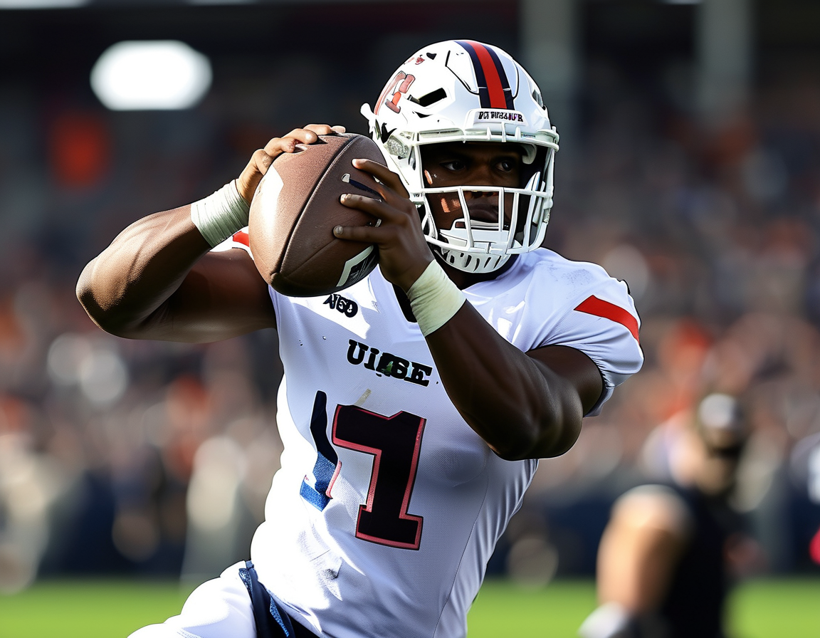 A determined DJ Uiagalelei throws a football during a game, showcasing his skills as a quarterback amidst a lively college football atmosphere.