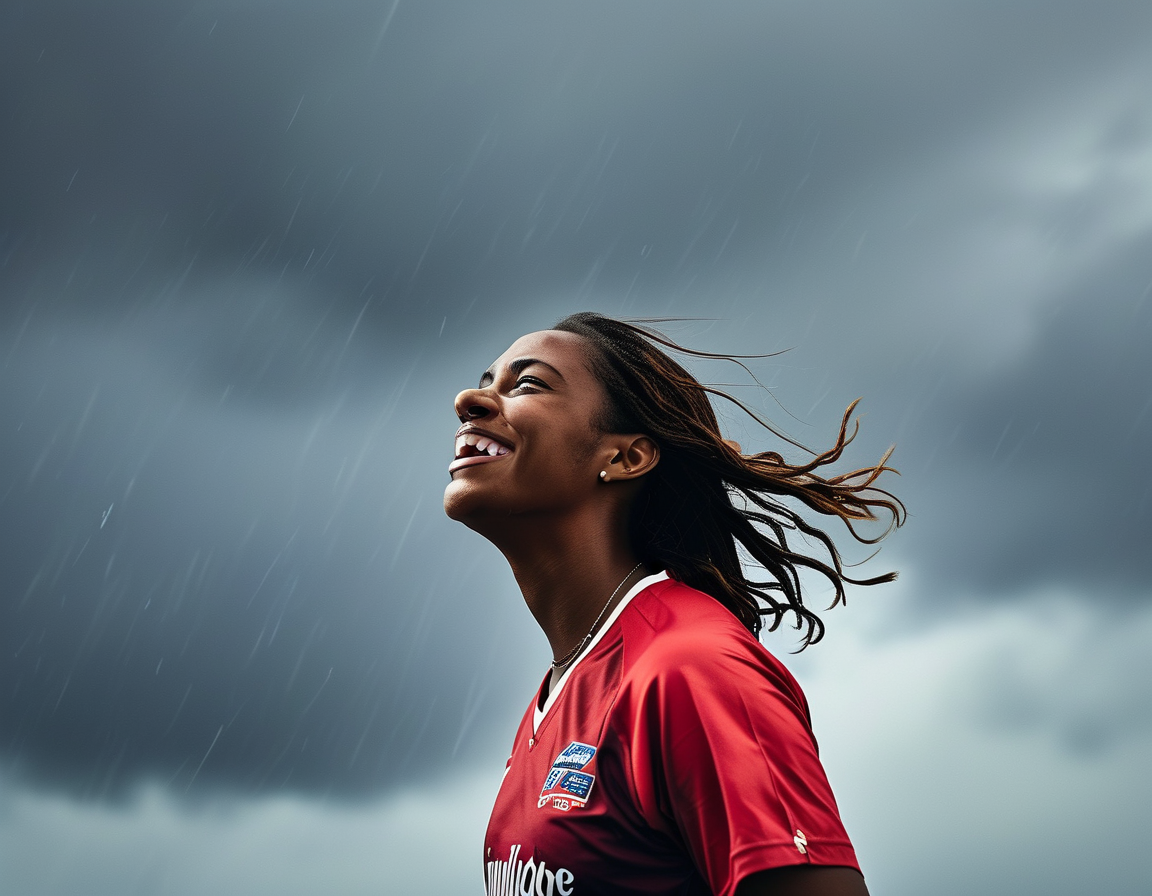 A young cricketer, Ryana MacDonald-Gay, celebrating after taking a wicket on her debut, with a backdrop of a stormy sky reflecting the tension and excitement of the match.