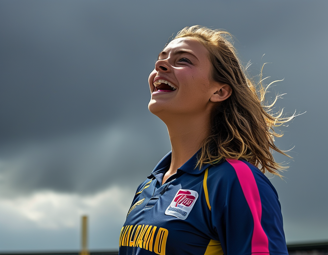 Ryana MacDonald-Gay ready to bowl, showcasing her technique, with spectators on the edge of their seats and dark clouds looming overhead.