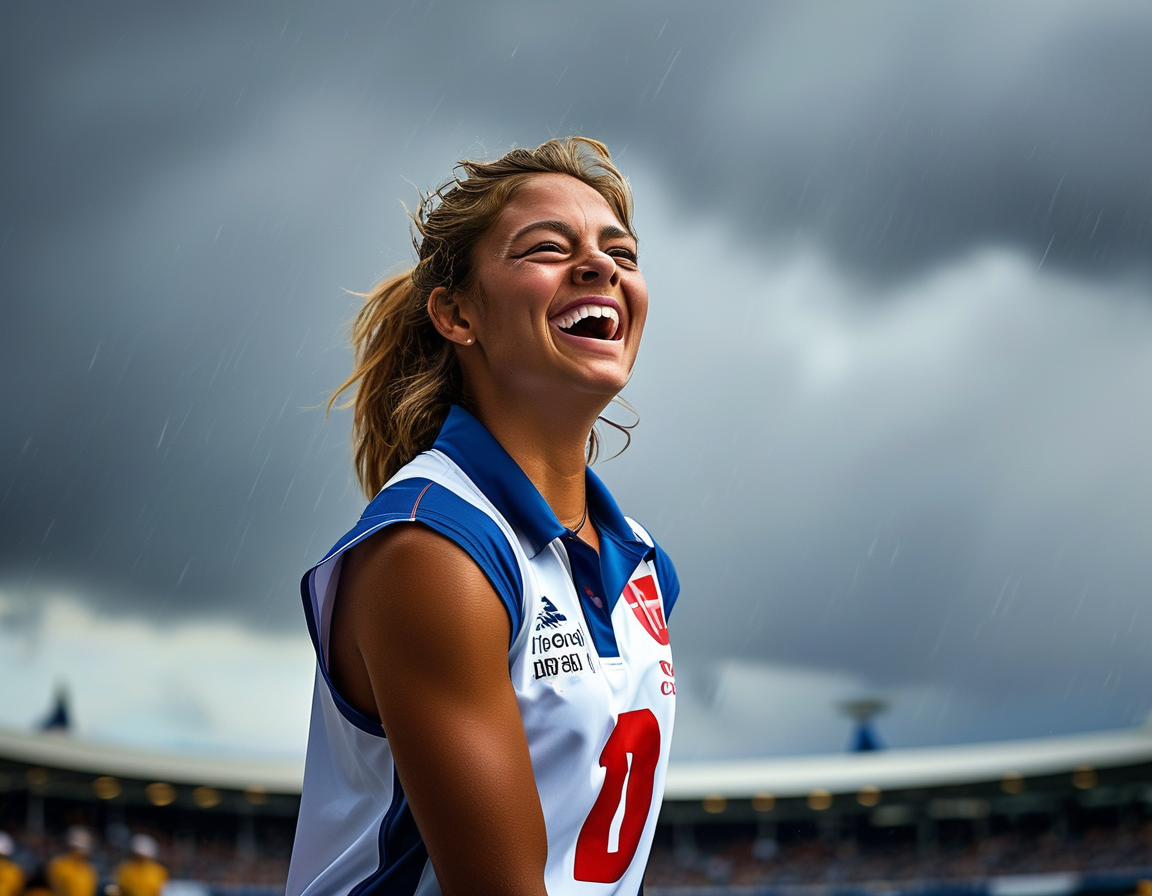The moment Ryana MacDonald-Gay takes her first wicket, the stumps flying, as the crowd erupts in celebration amidst a dramatic cricket match atmosphere.