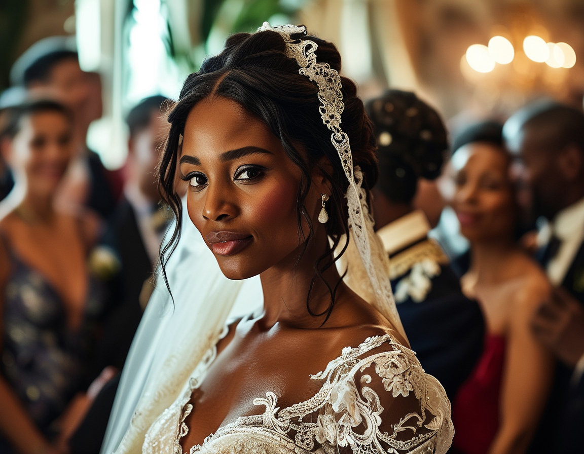 Yvette Nicole Brown beautifully dressed in a stunning gown, sharing a joyful moment with Anthony Davis at their elegant wedding ceremony surrounded by friends and family.