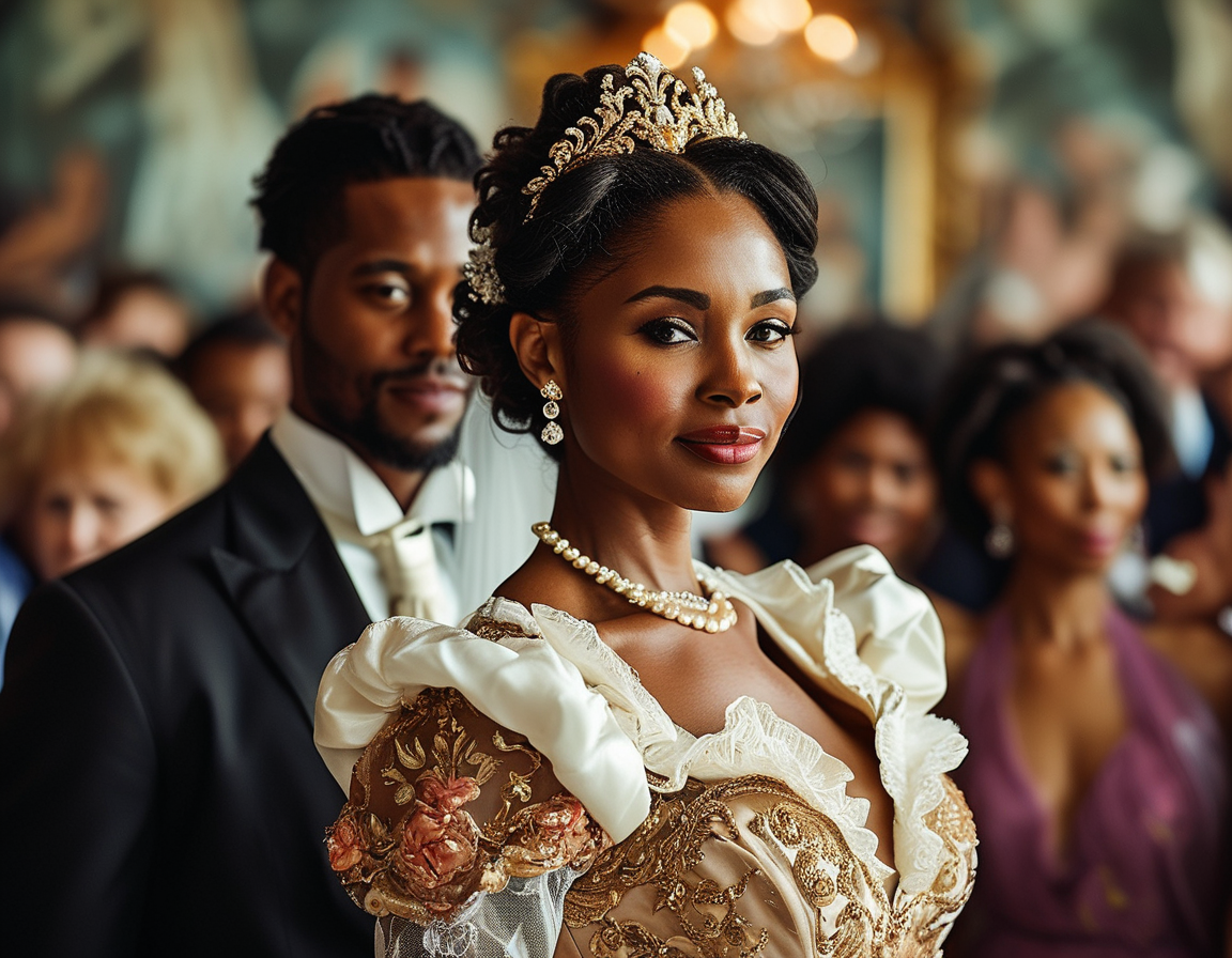 A close-up of Yvette Nicole Brown's wedding dress designed by Ines Di Santo, featuring delicate butterfly details, along with Anthony Davis's tailored mahogany suit, symbolizing their unique bond.