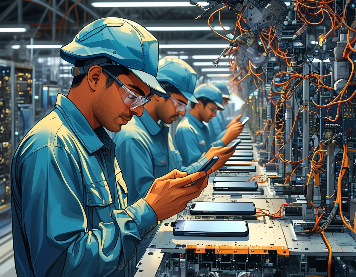 An illustration showing technicians assembling smartphones at a Dixon Technologies manufacturing facility, highlighting the partnership with Vivo and the mobile assembly process in India.