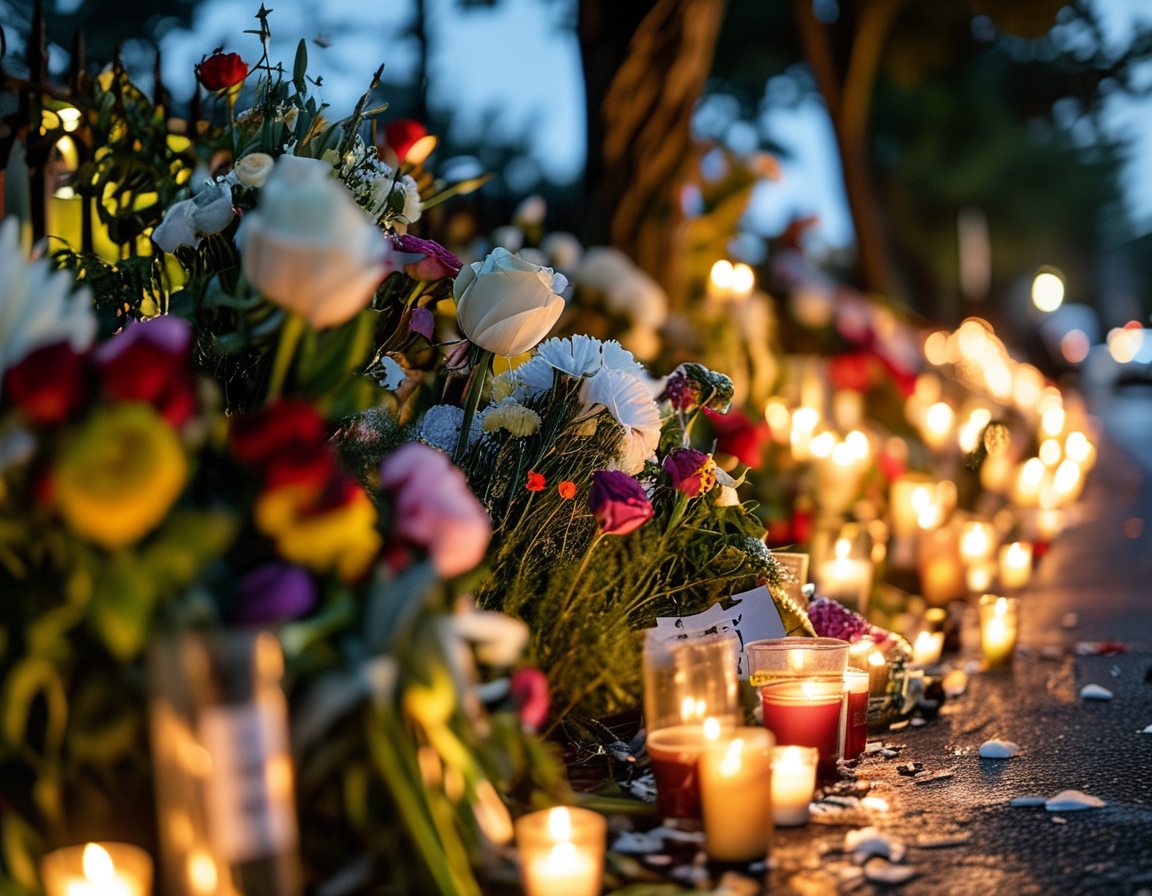 A somber vigil held by community members outside Abundant Life Christian School, with candles lit and flowers laid in memory of the victims of the tragic shooting that occurred on a Monday morning.