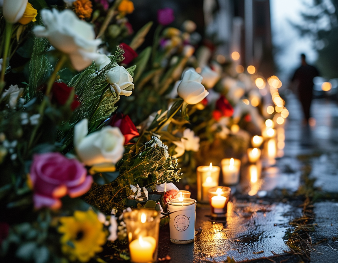 A close-up of a candlelight vigil, with tearful faces illuminated by soft candlelight, symbolizing the grief and unity of the Madison community in the wake of tragedy.