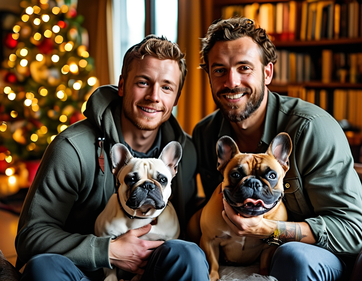 Simone Biles and Jonathan Owens joyfully decorating their Chicago home for Christmas, surrounded by their French bulldogs, Lilo and Rambo, creating a festive atmosphere.