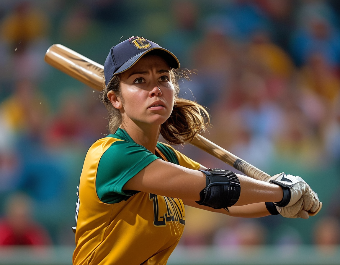 An action shot of Lauren Bell bowling during the match, showcasing her intense focus and determination as South African batters look on, encapsulating the tension of the game.