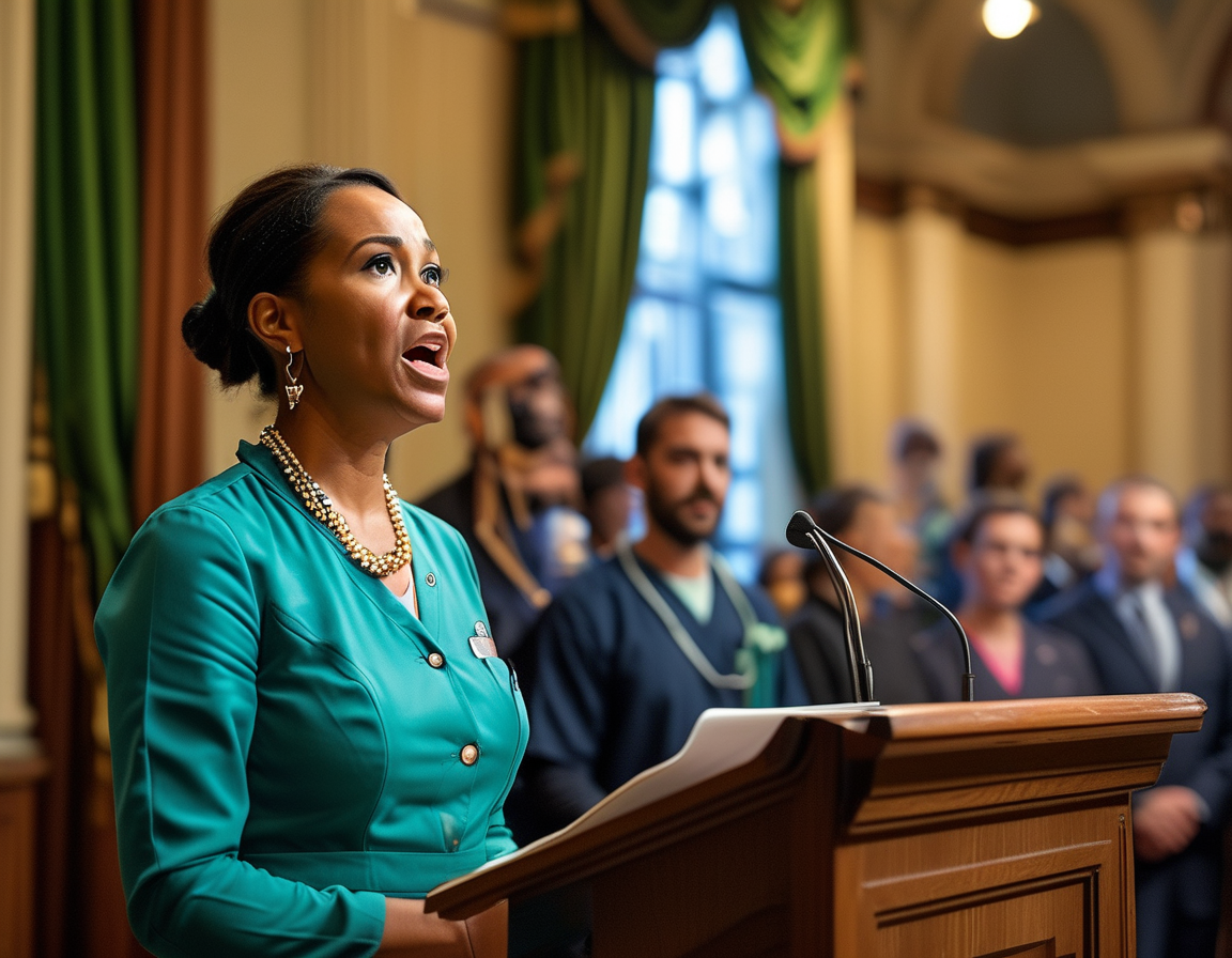 A split image showing Marjorie Taylor Greene speaking at a podium on one side and a diverse group of medical professionals denouncing misinformation on the other, illustrating the clash between political beliefs and scientific evidence.