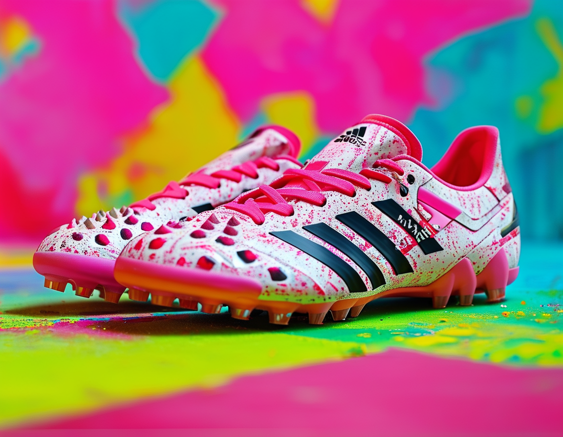 An eye-catching pair of Lamine Yamal's limited edition adidas F50 Elite LYT304 cleats, displayed on a vibrant background highlighting their unique design features like the pink shades and Three Stripes.