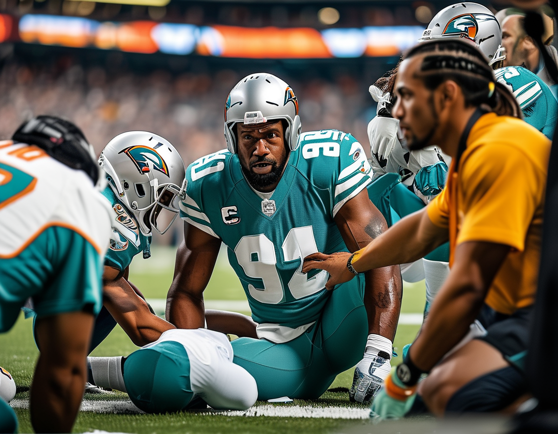 A tense moment captured during an NFL game, showing players from the Miami Dolphins kneeling in concern around a fallen teammate, Grant DuBose, as medical staff tend to him on the field.