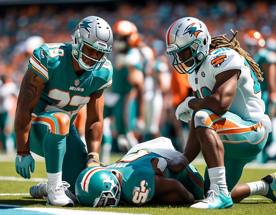 An image depicting Miami Dolphins players anxiously awaiting news of Grant DuBose's condition, with an empty stretcher and medical personnel in the background, highlighting the gravity of player injuries.
