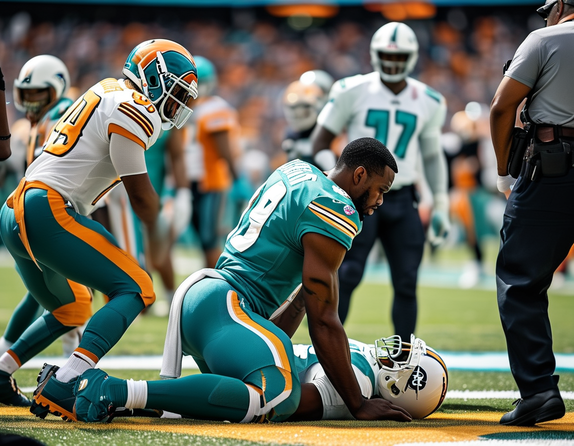 A close-up shot of Dolphins quarterback Tua Tagovailoa looking pensive and concerned, reflecting on the seriousness of head injuries in football after witnessing his teammate's injury.