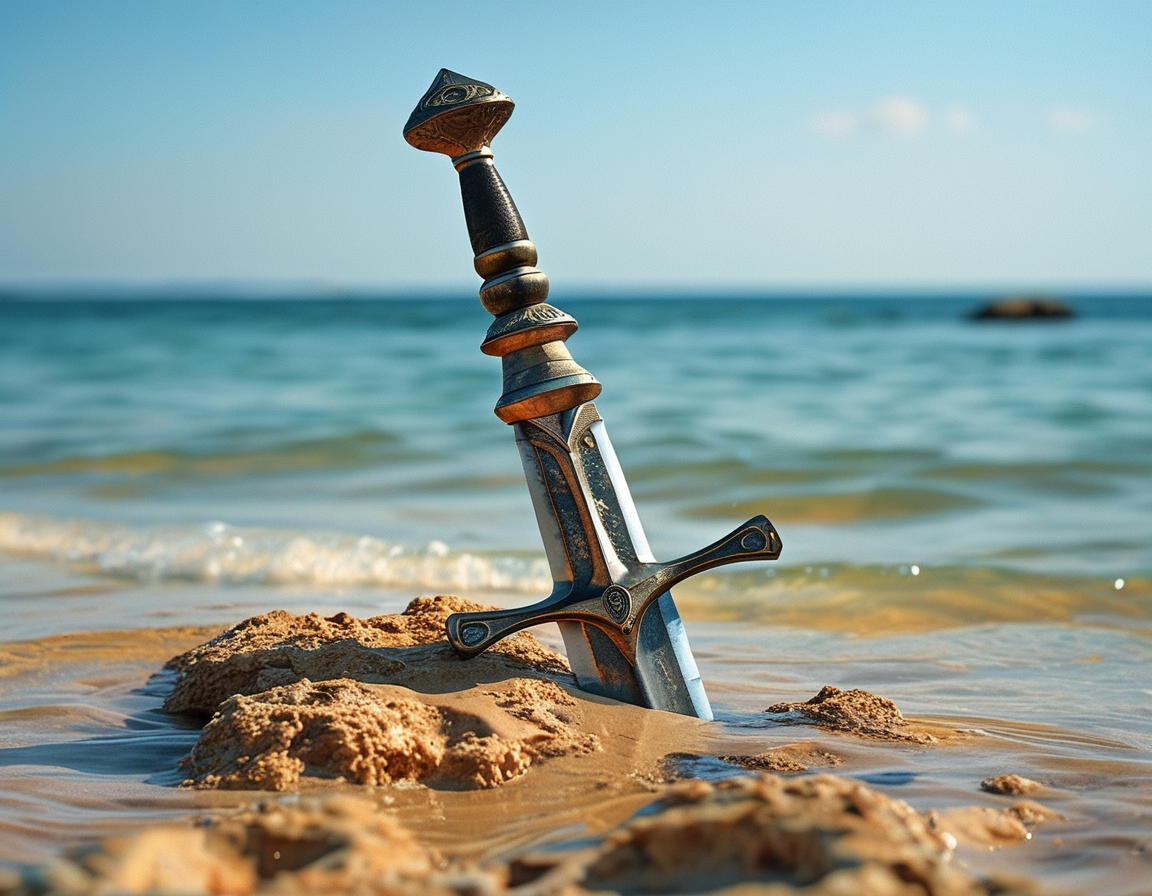 A close-up of the ornate hilt of the ancient sword, showcasing its intricate craftsmanship and preservation, with remnants of marine life visible.