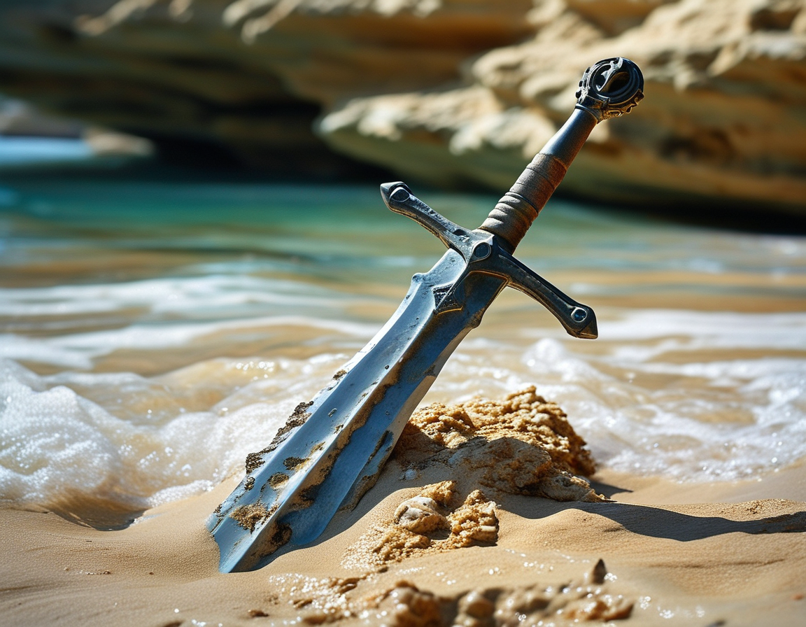 A depiction of a turbulent sea with a silhouette of a knight in armor holding a sword, surrounded by the historic backdrop of the Crusades, evoking a sense of adventure and history.