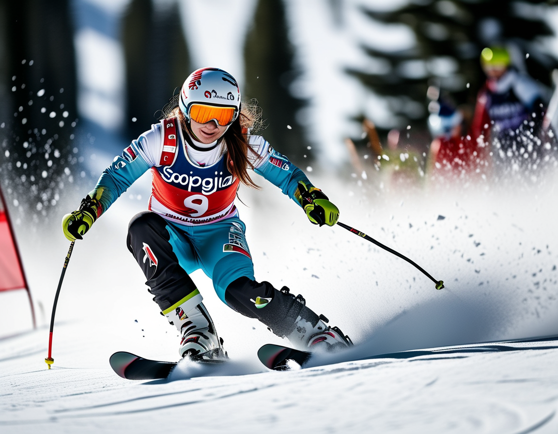 A dynamic action shot of Sofia Goggia skiing downhill, a look of determination on her face, with the snowy slopes of Beaver Creek in the background, capturing a moment of her recent victory.