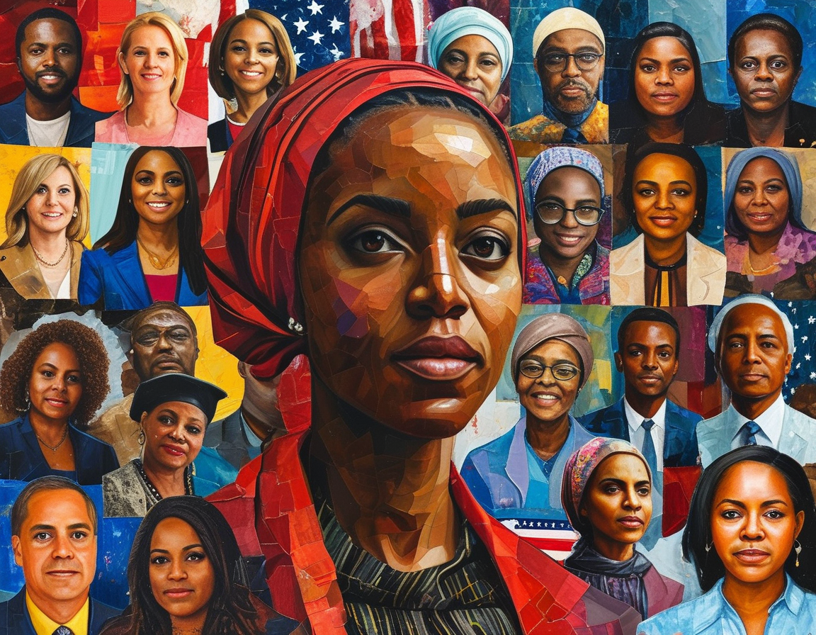 An engaging collage featuring Rep. Jasmine Crockett, a diverse group of voters, and symbolic imagery representing political division and unity, highlighting the complexities of voter demographics and opinions.