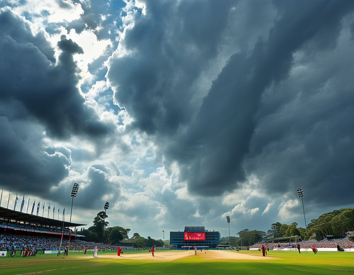 An intense cricket scene with players in action as India battles against Australia, highlighting the tension and drama of the match unfolding under cloudy skies.