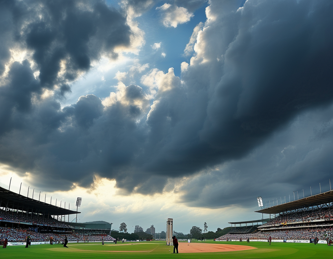A wide shot of the cricket field showing Indian batsmen at the crease with Australian bowlers in a fierce stance, set against a backdrop of dark rain clouds.