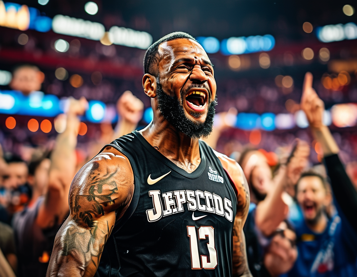 A high-energy scene from the Crypto.com Arena showcasing James Harden celebrating after scoring a three-pointer, with fans cheering wildly in the background, highlighting the excitement of the game.