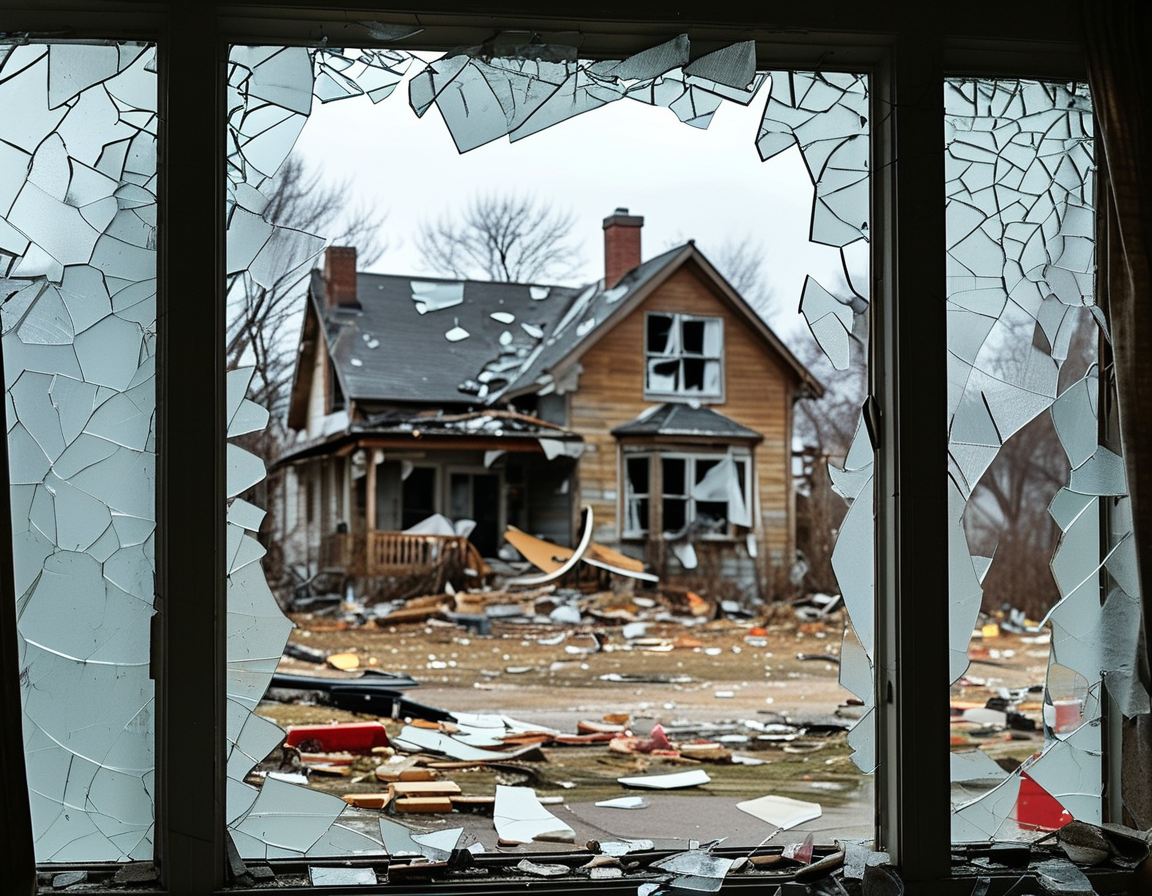 A somber scene in Madison shows a police cordoned home with shattered windows and debris, reflecting the aftermath of a tragic shooting investigation and the community's distress.